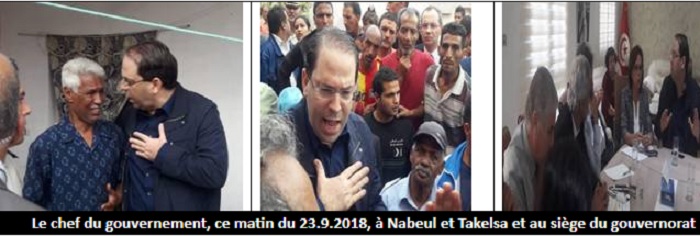 Le chef du gouvernement, ce matin du 23.9.2018, à Nabeul et Takelsa et au siège du gouvernorat