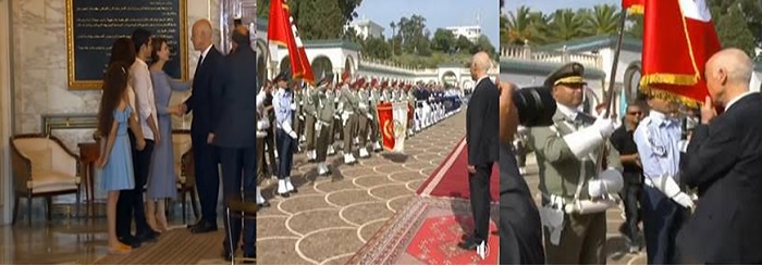 1. Le nouveau chef d’Etat, avec sa famille, au palais de Carthage. 2. K.S oubliant d’embrasser le drapeau